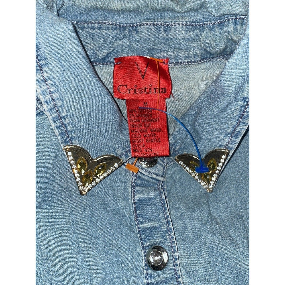 Vintage Cristina V embellished bling Crystal Western Country Denim Shirt Top M - Picture 5 of 12